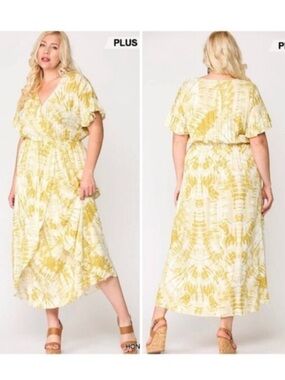 Gigio | Sunburst Golden Tie Dye Peek A Boo Slit Surplice Maxi Dress New 1X Plus